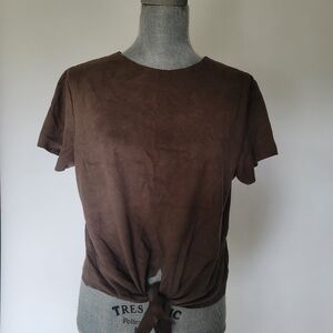 Olivaceous Womens Green-Brown Suede-feel Tie-Front T-Shirt